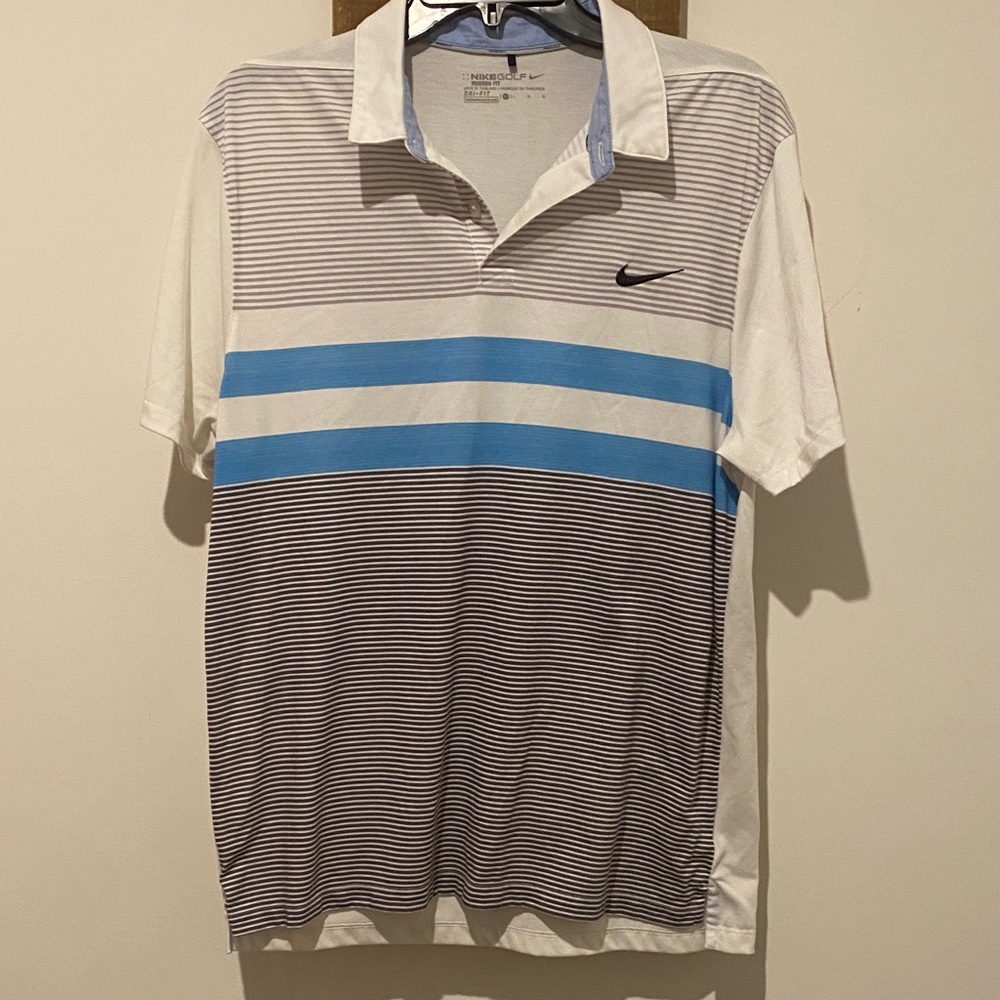 Nike Men's Polo Shirt - White, Blue, and Black Stripes
